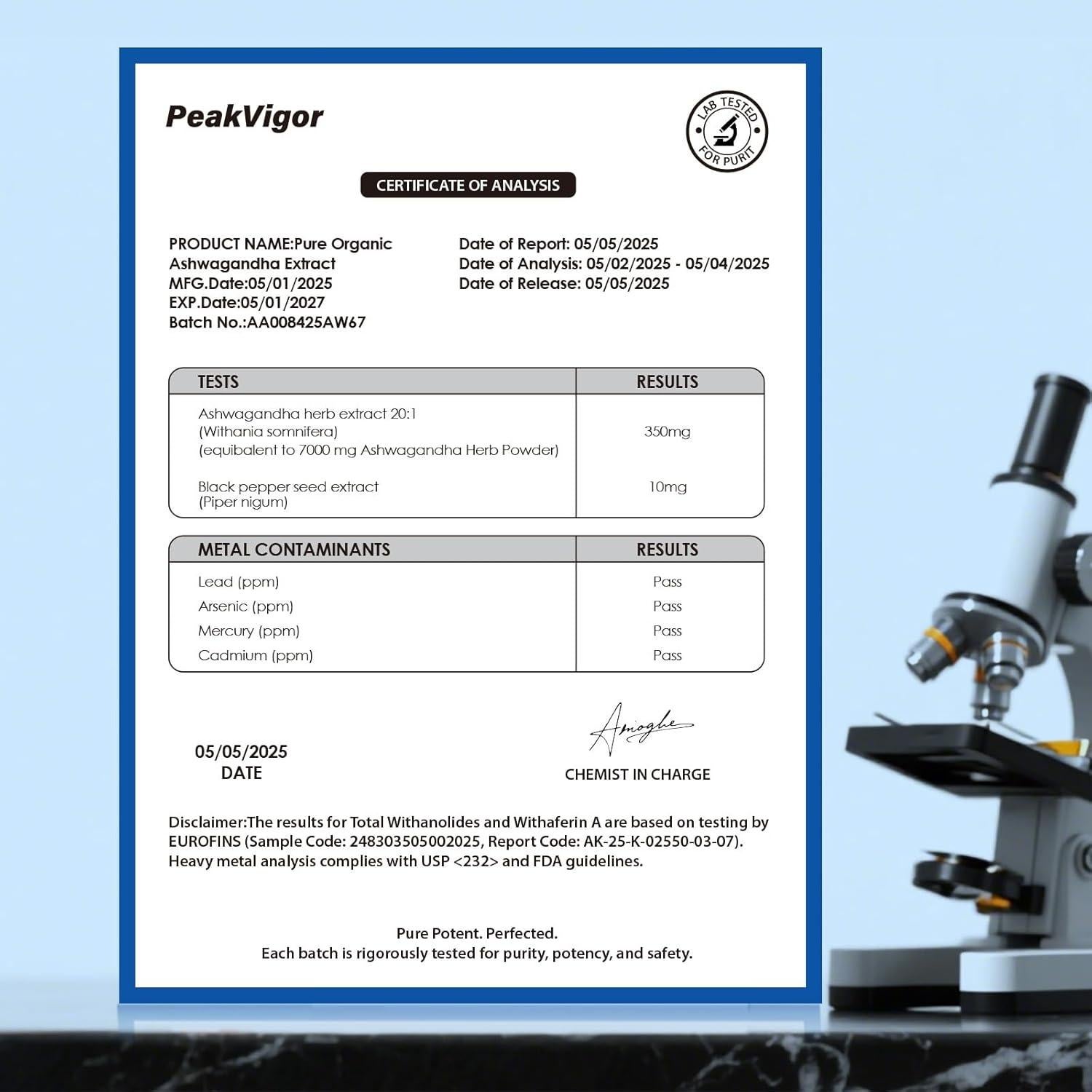 Cápsulas de Ashwagandha Orgánica PeakVigor 7000mg 120 Unidades