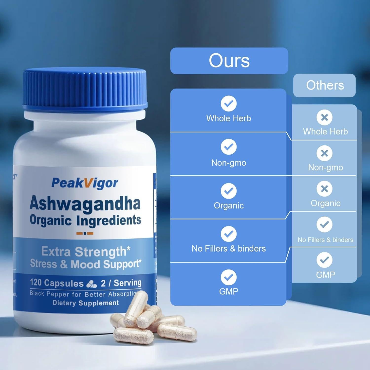 Cápsulas de Ashwagandha Orgánica PeakVigor 7000mg 120 Unidades