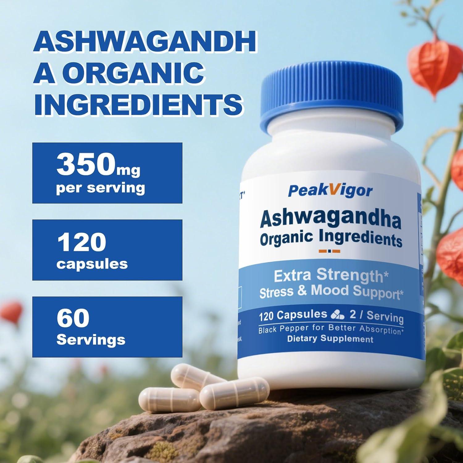 Cápsulas de Ashwagandha Orgánica PeakVigor 7000mg 120 Unidades