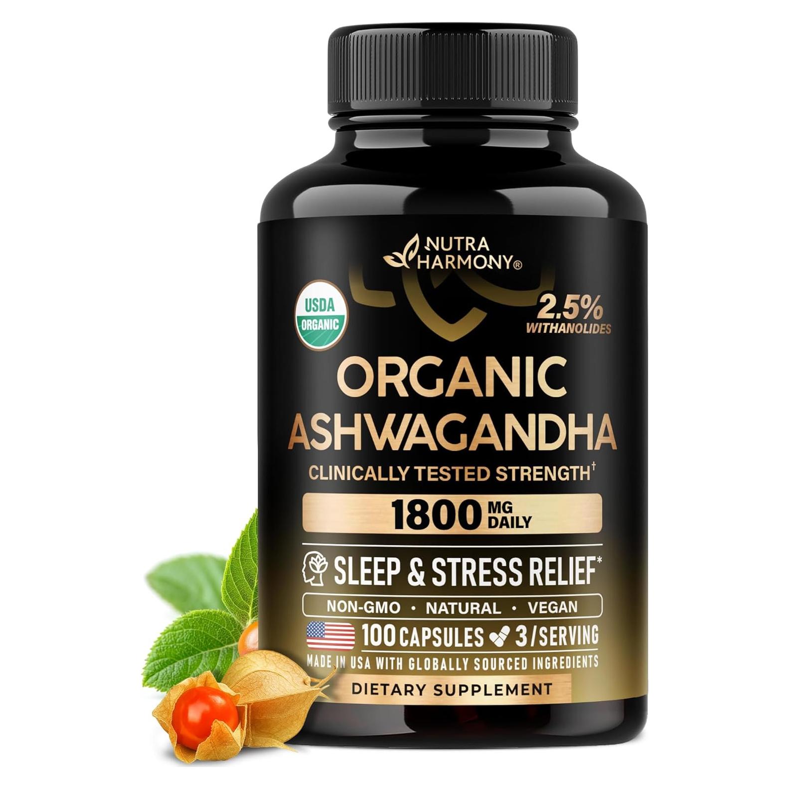 Suplemento de Ashwagandha Orgánico 1800mg Nutra Harmony 100 Cápsulas