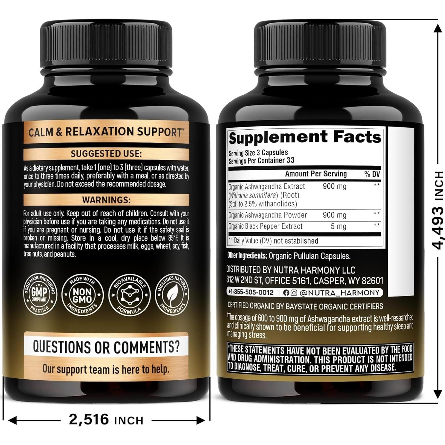 Suplemento de Ashwagandha Orgánico 1800mg Nutra Harmony 100 Cápsulas