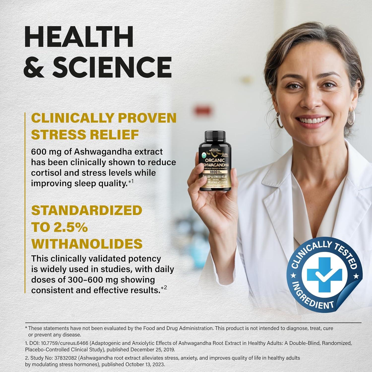 Suplemento de Ashwagandha Orgánico 1800mg Nutra Harmony 100 Cápsulas