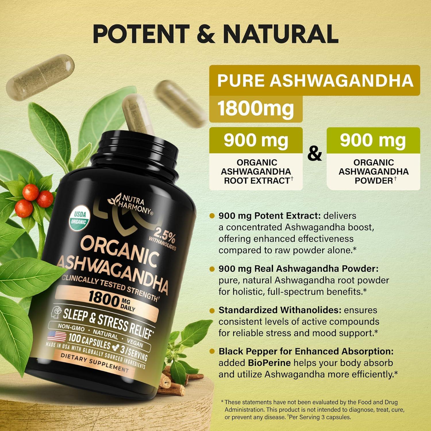 Suplemento de Ashwagandha Orgánico 1800mg Nutra Harmony 100 Cápsulas