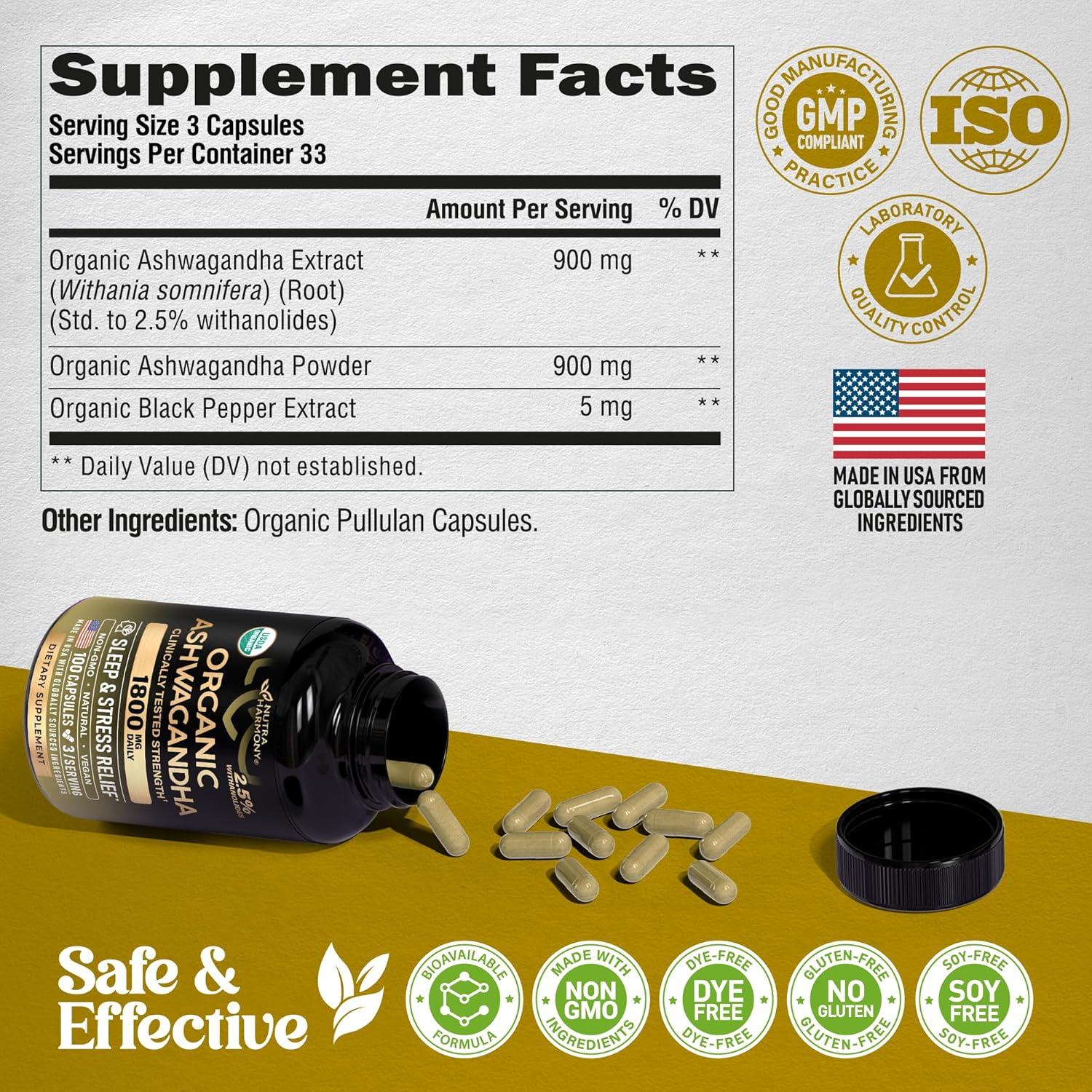 Suplemento de Ashwagandha Orgánico 1800mg Nutra Harmony 100 Cápsulas