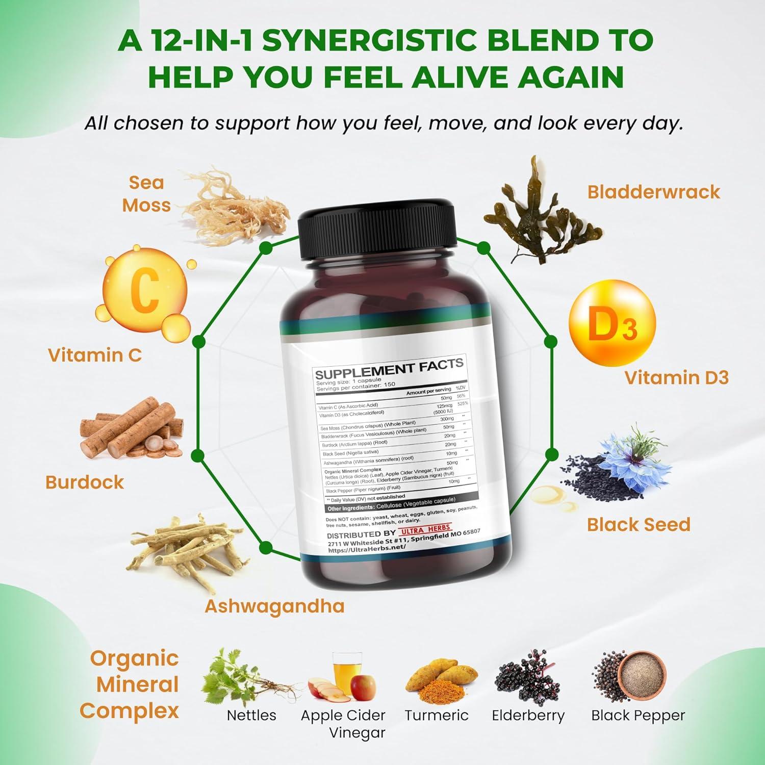 Cápsulas de Musgo Marino Orgánico Ultra Herbs 150 Unidades