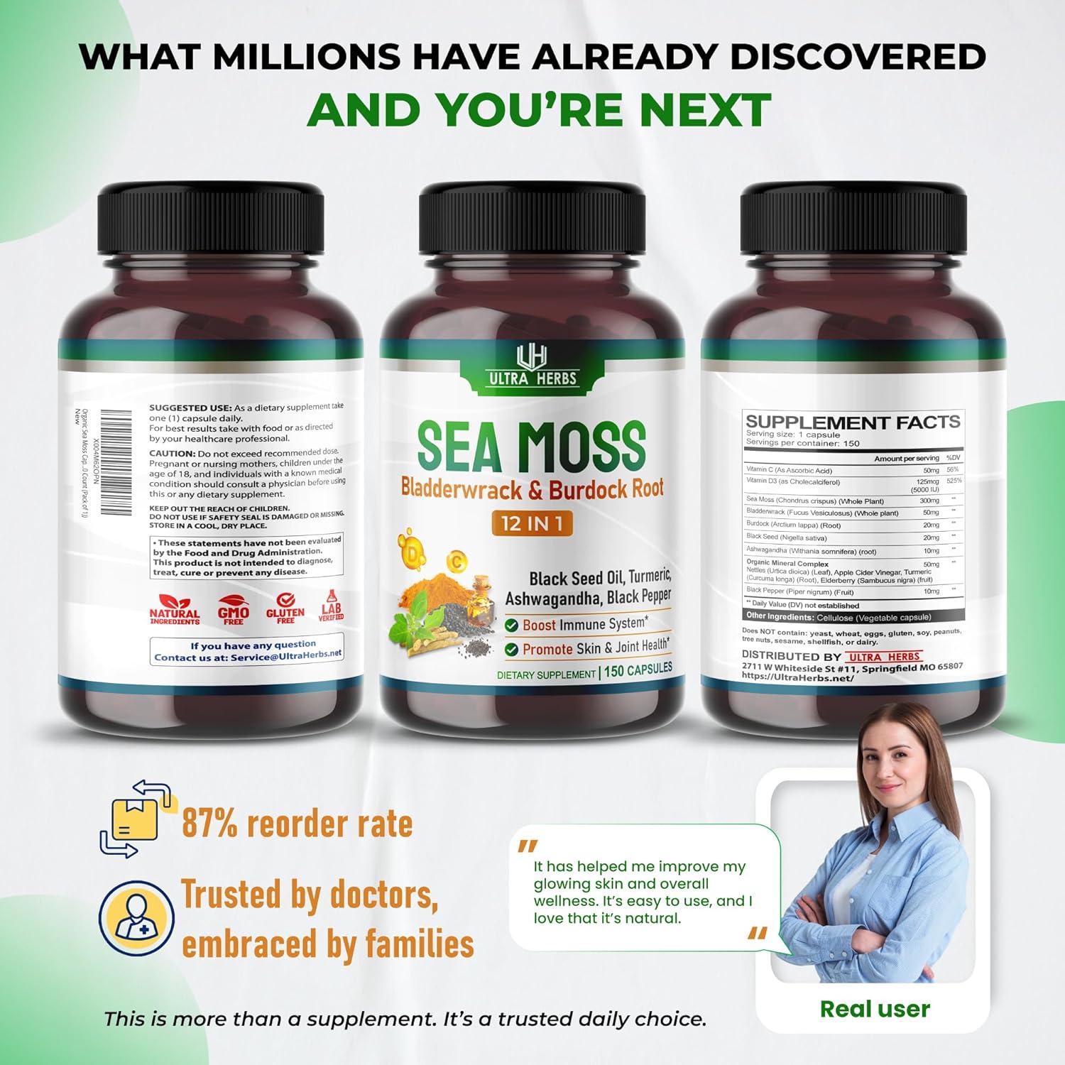 Cápsulas de Musgo Marino Orgánico Ultra Herbs 150 Unidades