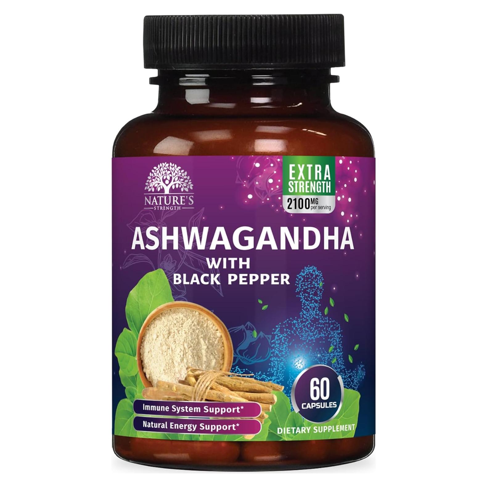 Suplemento de Ashwagandha 2100mg Nature's Strength - 60 Cápsulas Veganas