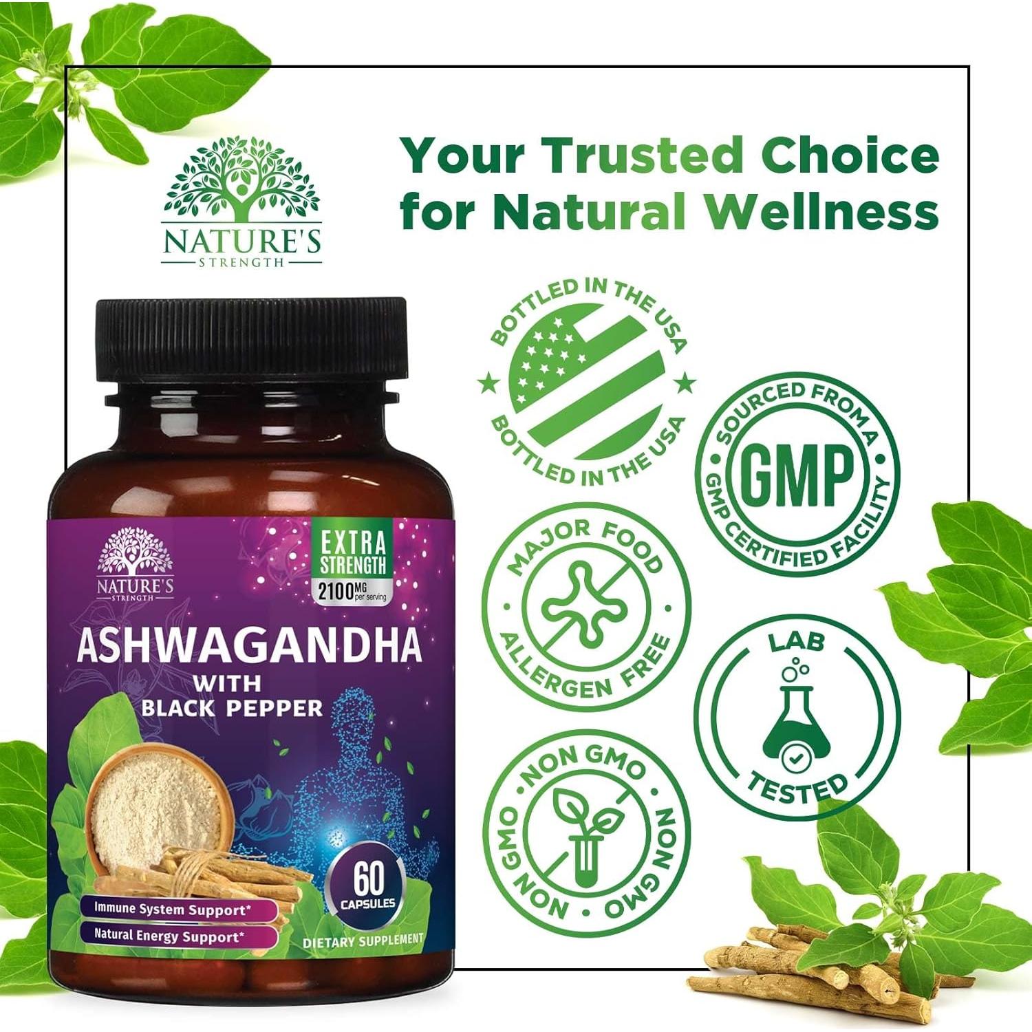 Suplemento de Ashwagandha 2100mg Nature's Strength - 60 Cápsulas Veganas