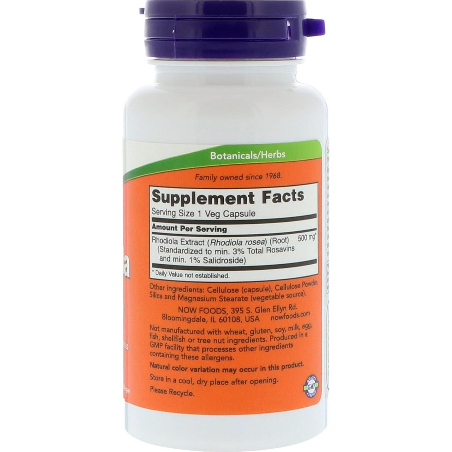 Suplemento de Rhodiola 500 mg Now Foods 60 Cápsulas Veganas