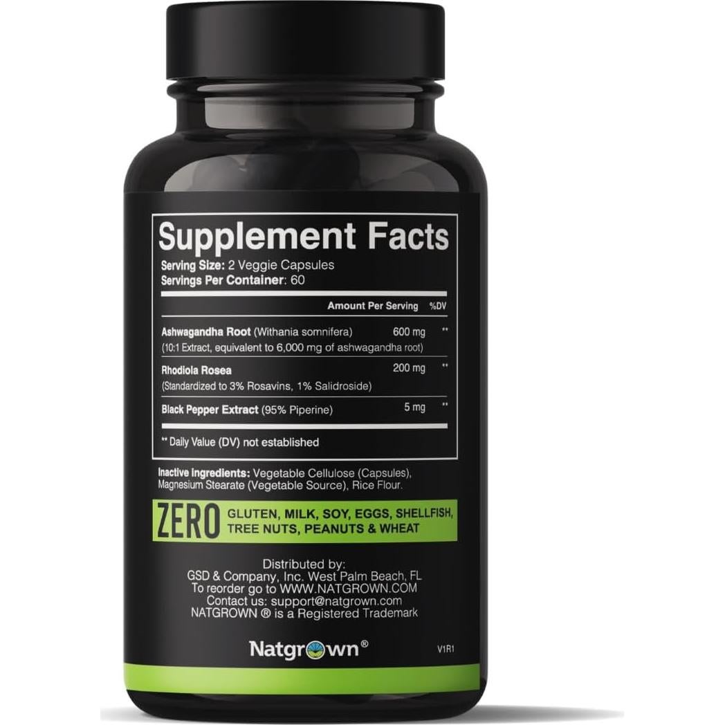 Cápsulas de Rhodiola Rosea y Ashwagandha Natgrown 120 Unidades
