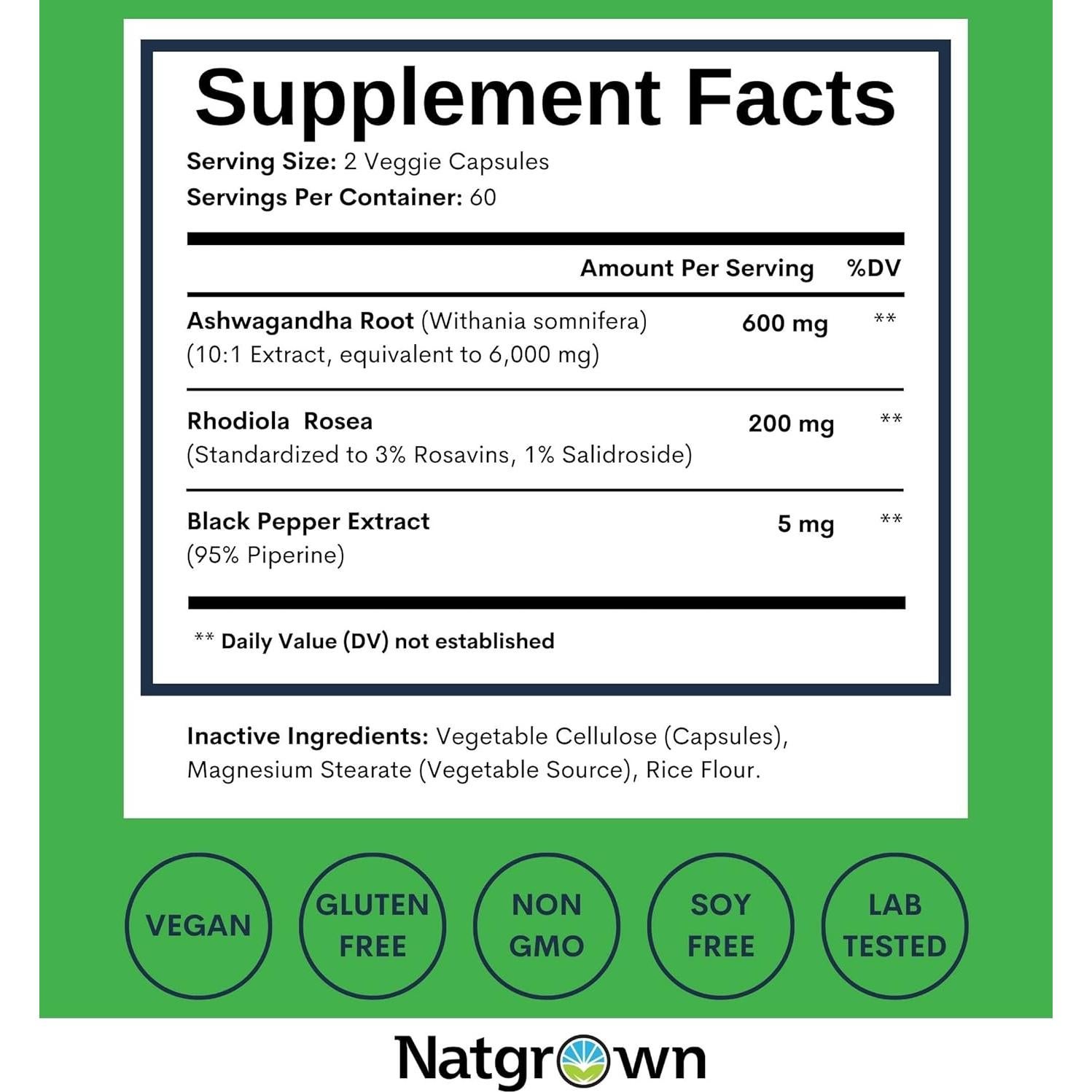 Cápsulas de Rhodiola Rosea y Ashwagandha Natgrown 120 Unidades