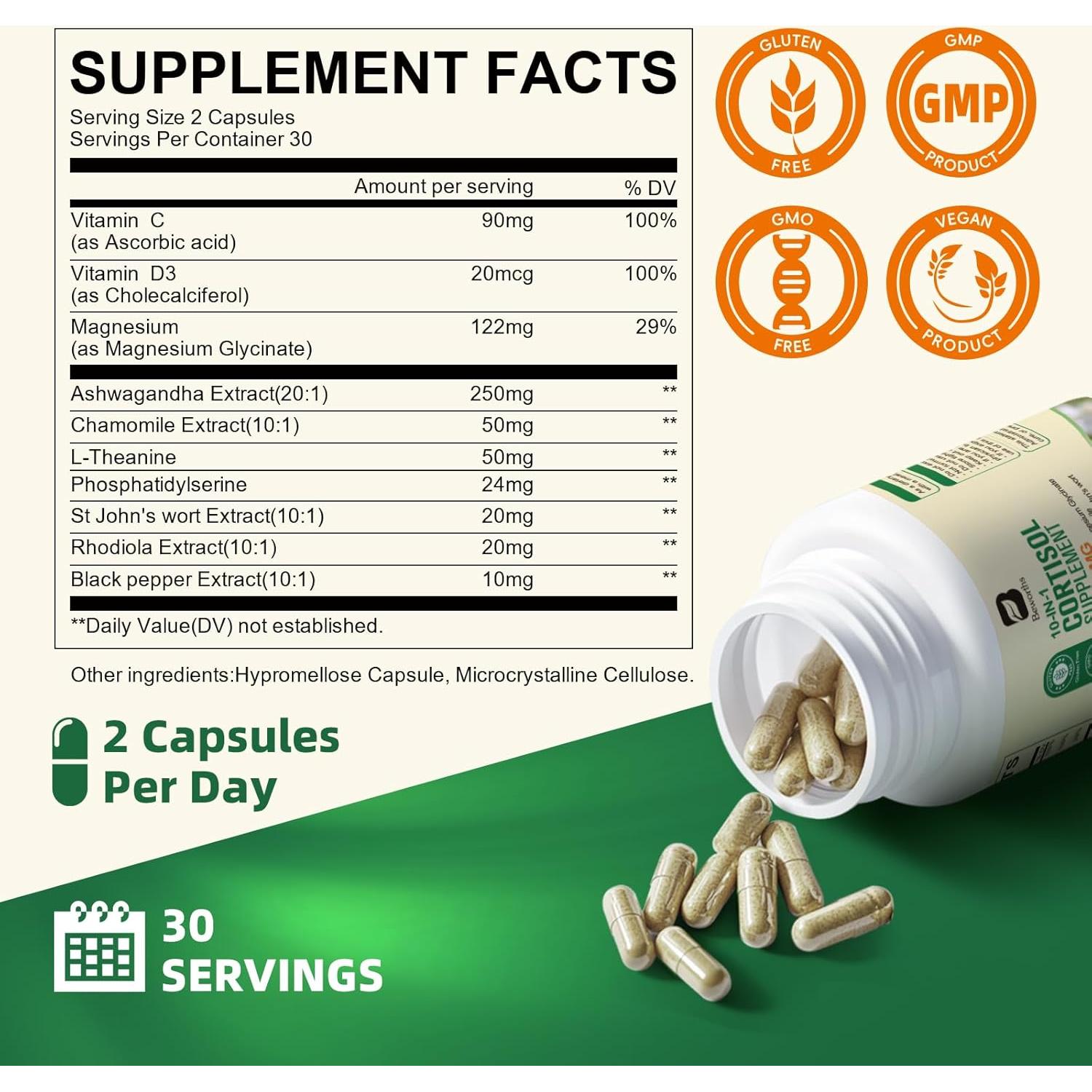 Suplemento de Cortisol B BEWORTHS 60 Cápsulas Veganas 10 en 1