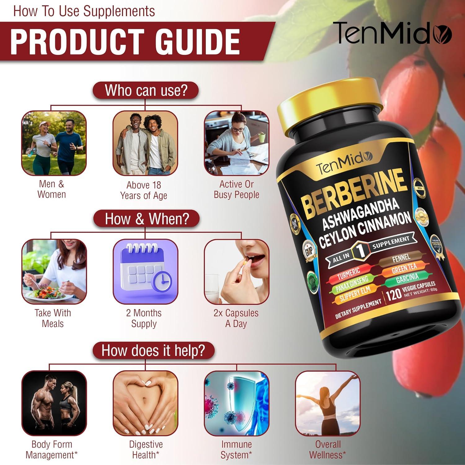 Suplemento de Berberina Tenmido 120 Cápsulas - Salud Digestiva y Inmunológica