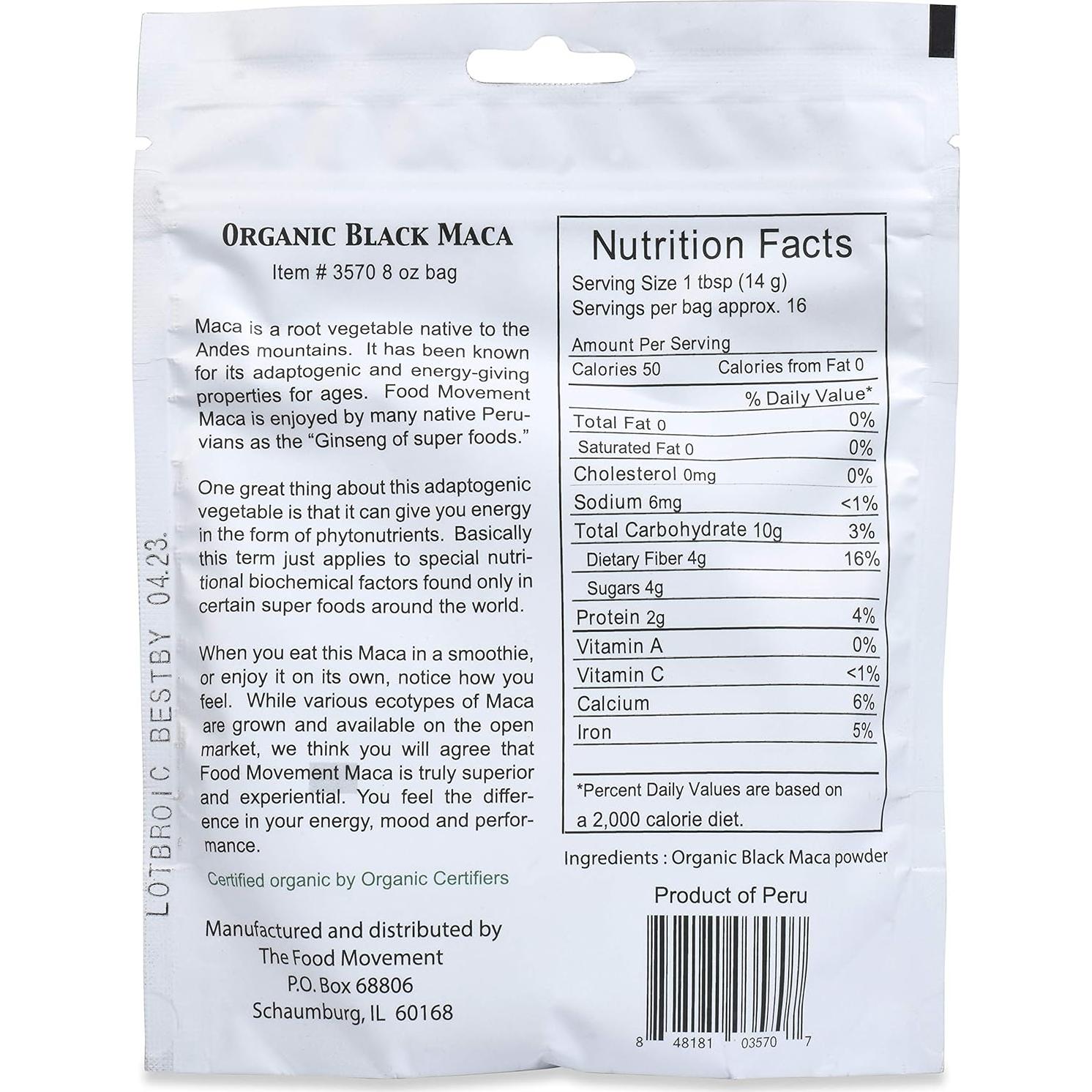 Maca Negra Orgánica 227 g El Movimiento Alimentario - Vegano, Sin Gluten