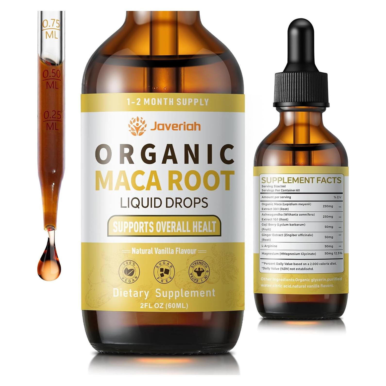 Gotas de Raíz de Maca Orgánica Javeriah 60ml con Ashwagandha