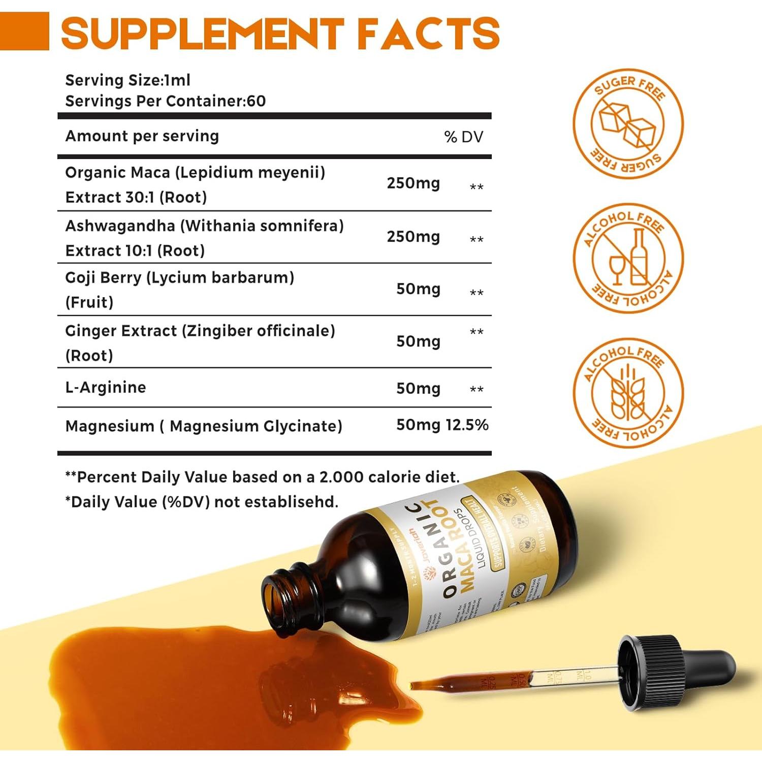 Gotas de Raíz de Maca Orgánica Javeriah 60ml con Ashwagandha