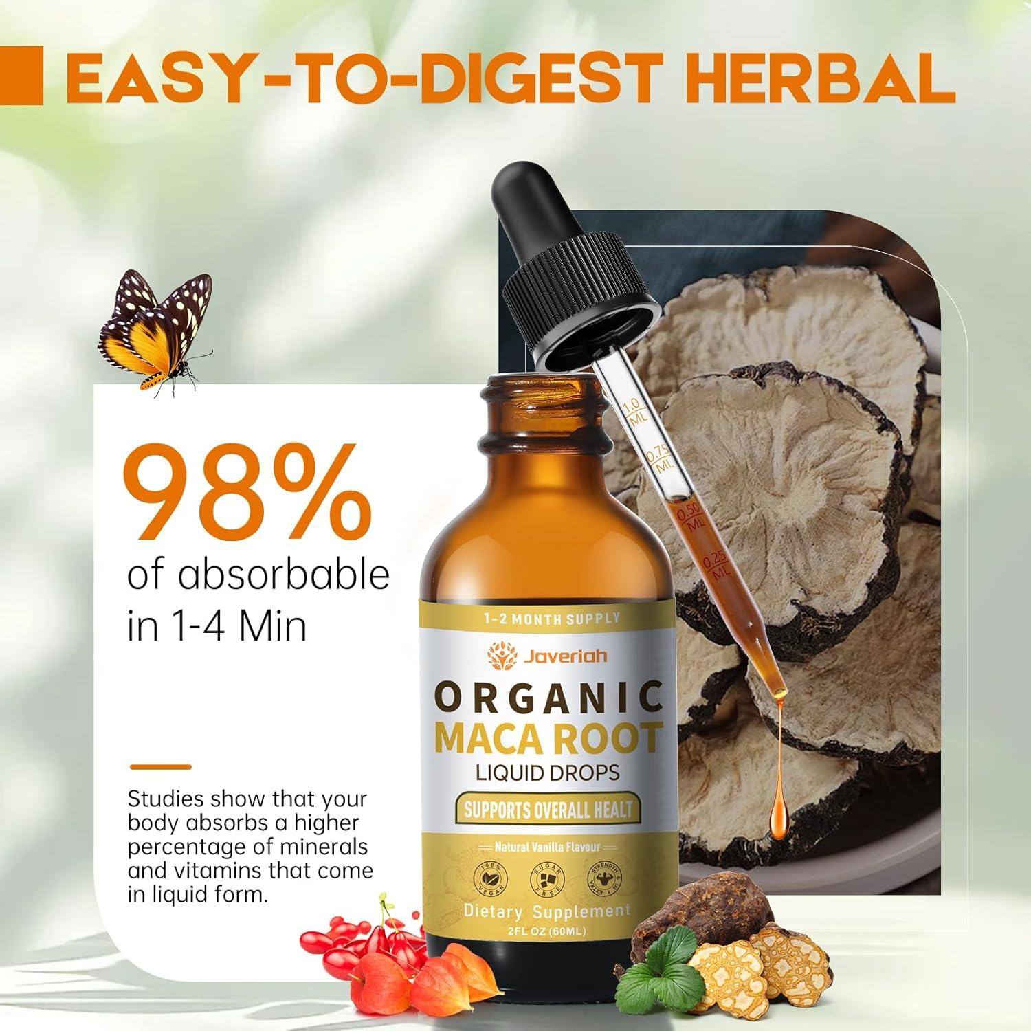 Gotas de Raíz de Maca Orgánica Javeriah 60ml con Ashwagandha