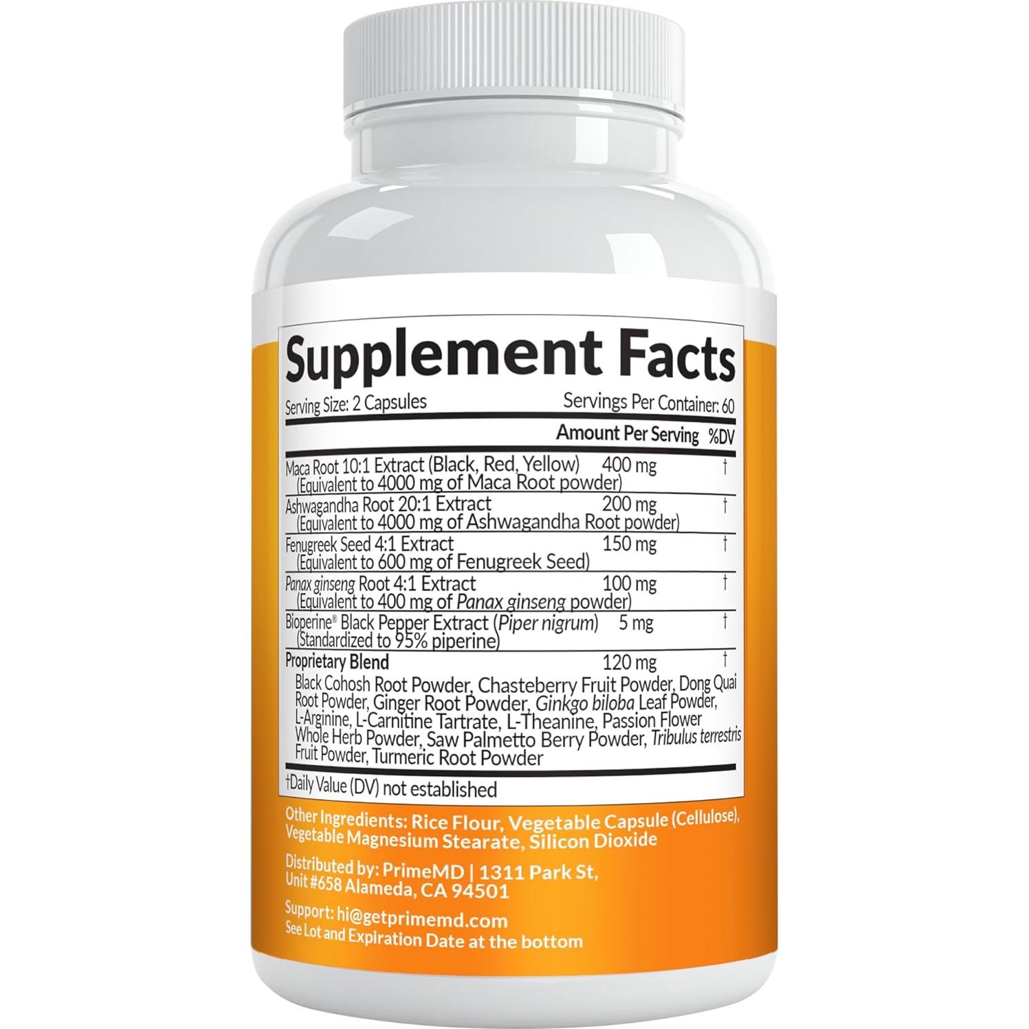 Cápsulas de Raíz de Maca Peruana PrimeMD 9125 mg - 120 Unidades