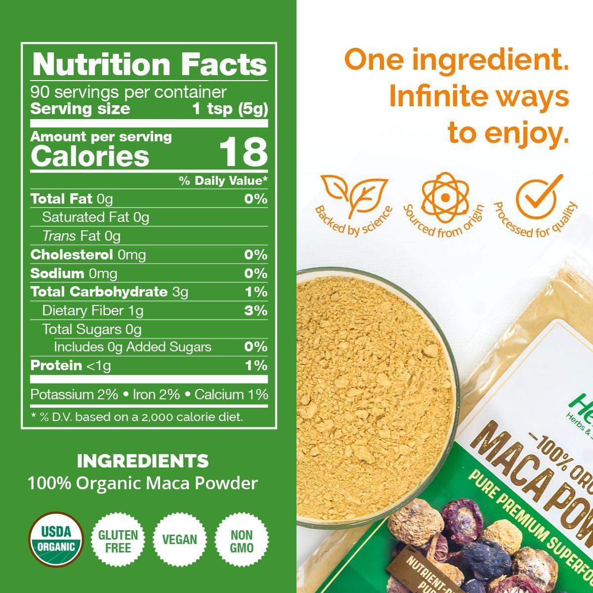 Polvo de Maca Orgánica HerbaZest 0.45 kg - Vegano y Sin Gluten
