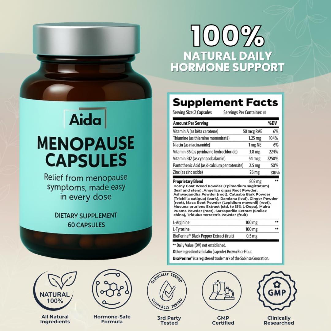 Cápsulas Aida Menopausia - Suplemento Hormonal con Ashwagandha y Maca - 60 Cápsulas