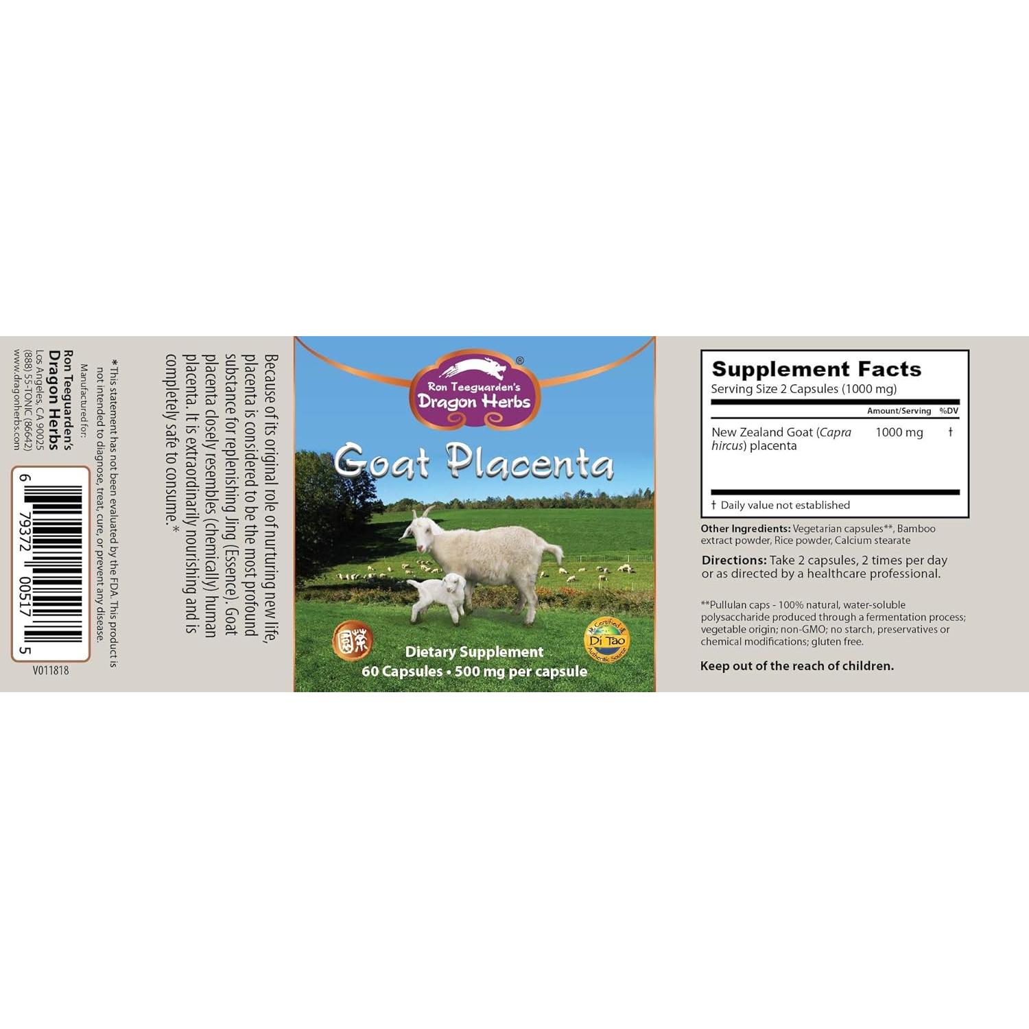 Cápsulas de Placenta de Cabra Dragon Herbs 500 mg - 60 Unidades