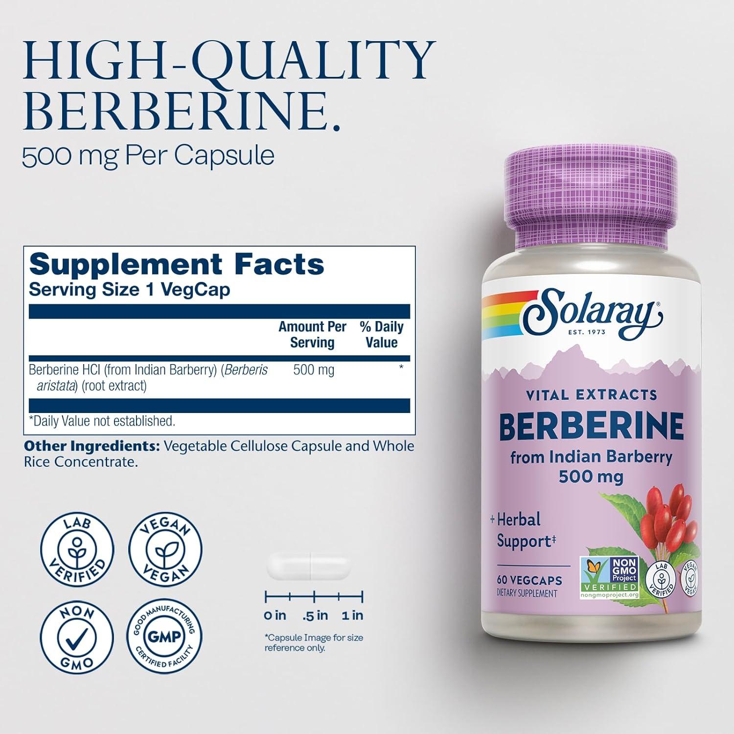 Suplemento de Berberina 500mg Solaray - 60 VegCaps Vegano