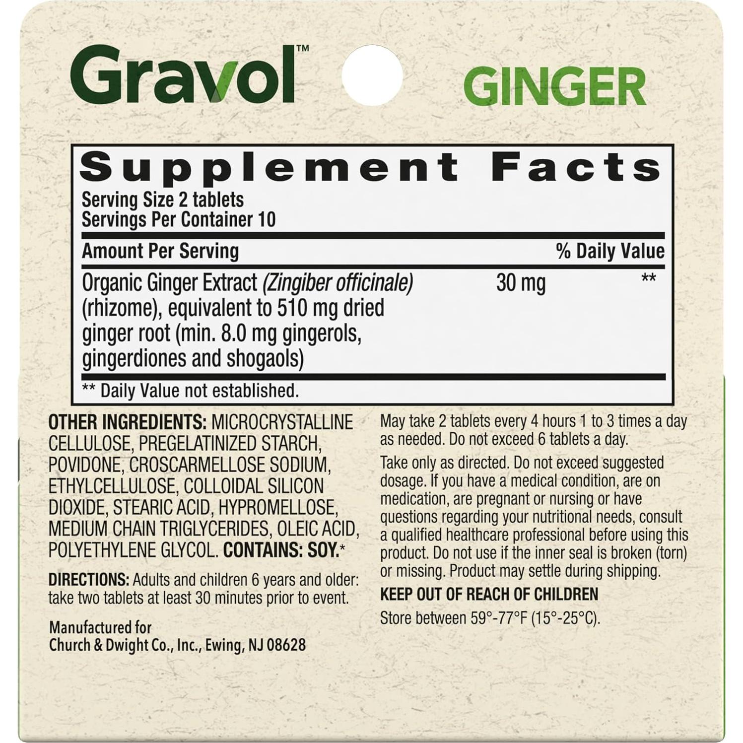 Tabletas de Jengibre Gravol 20ct - Alivio Náuseas y Vómitos