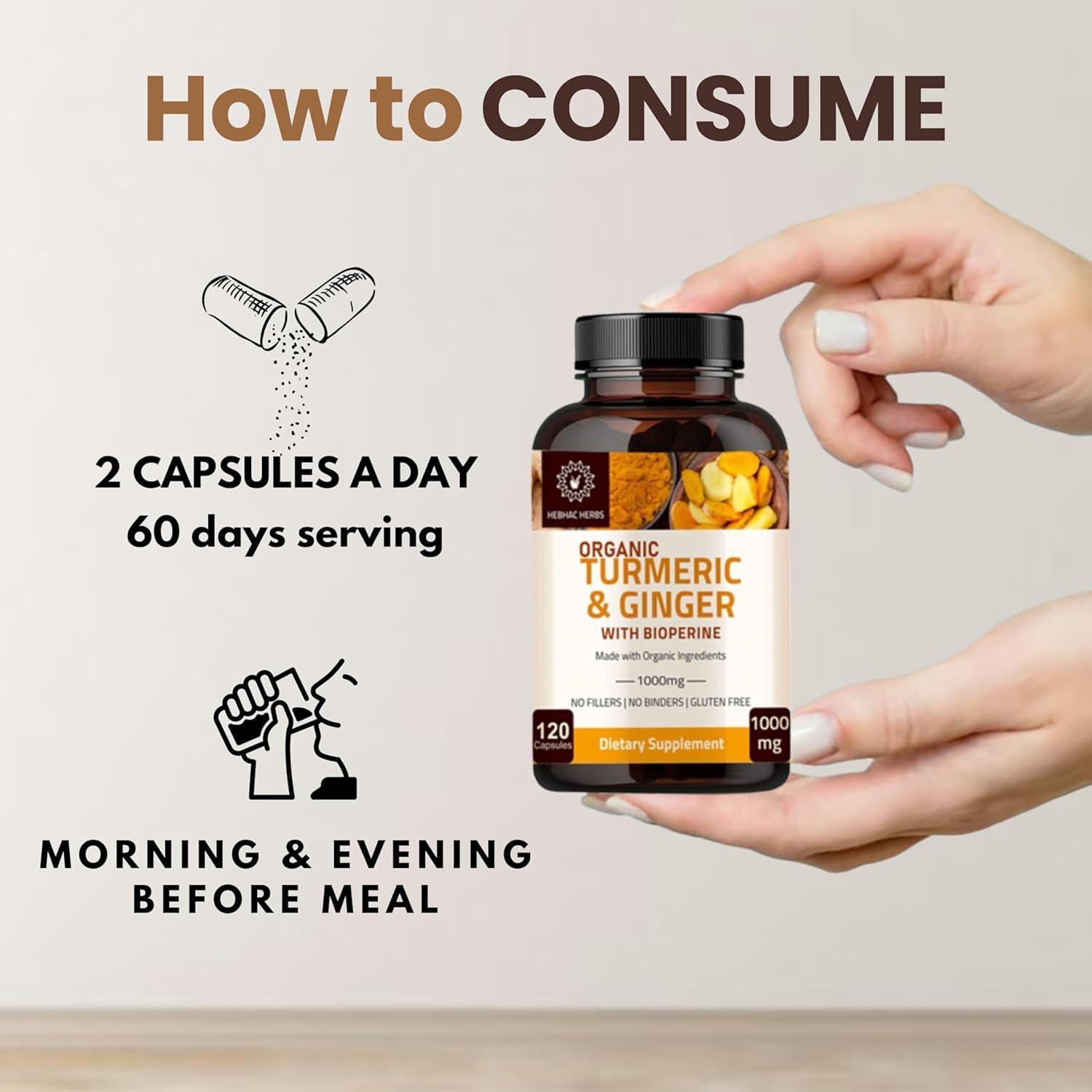 Cápsulas de Cúrcuma y Jengibre Hebhac 1000 mg 120 Unidades