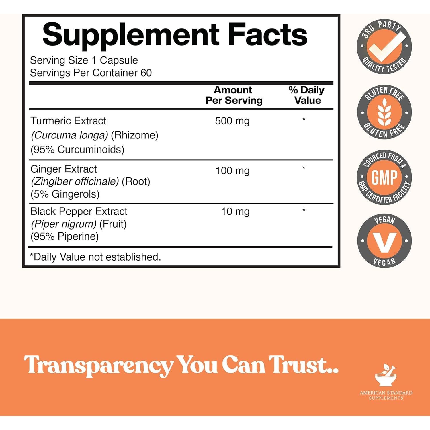 Extracto de Cúrcuma American Standard - 95% Curcumina 60 Cápsulas Veganas