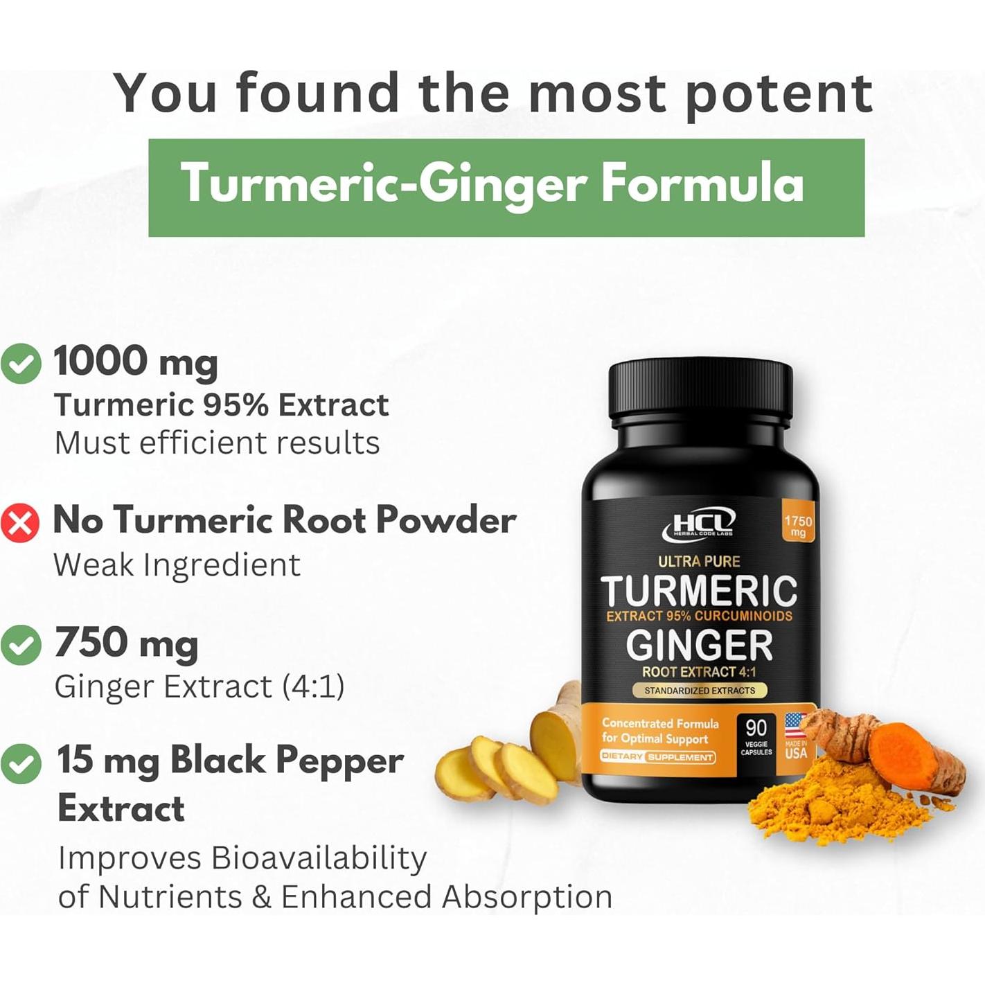 Cápsulas de Cúrcuma Curcumina HCL 1750mg con Jengibre