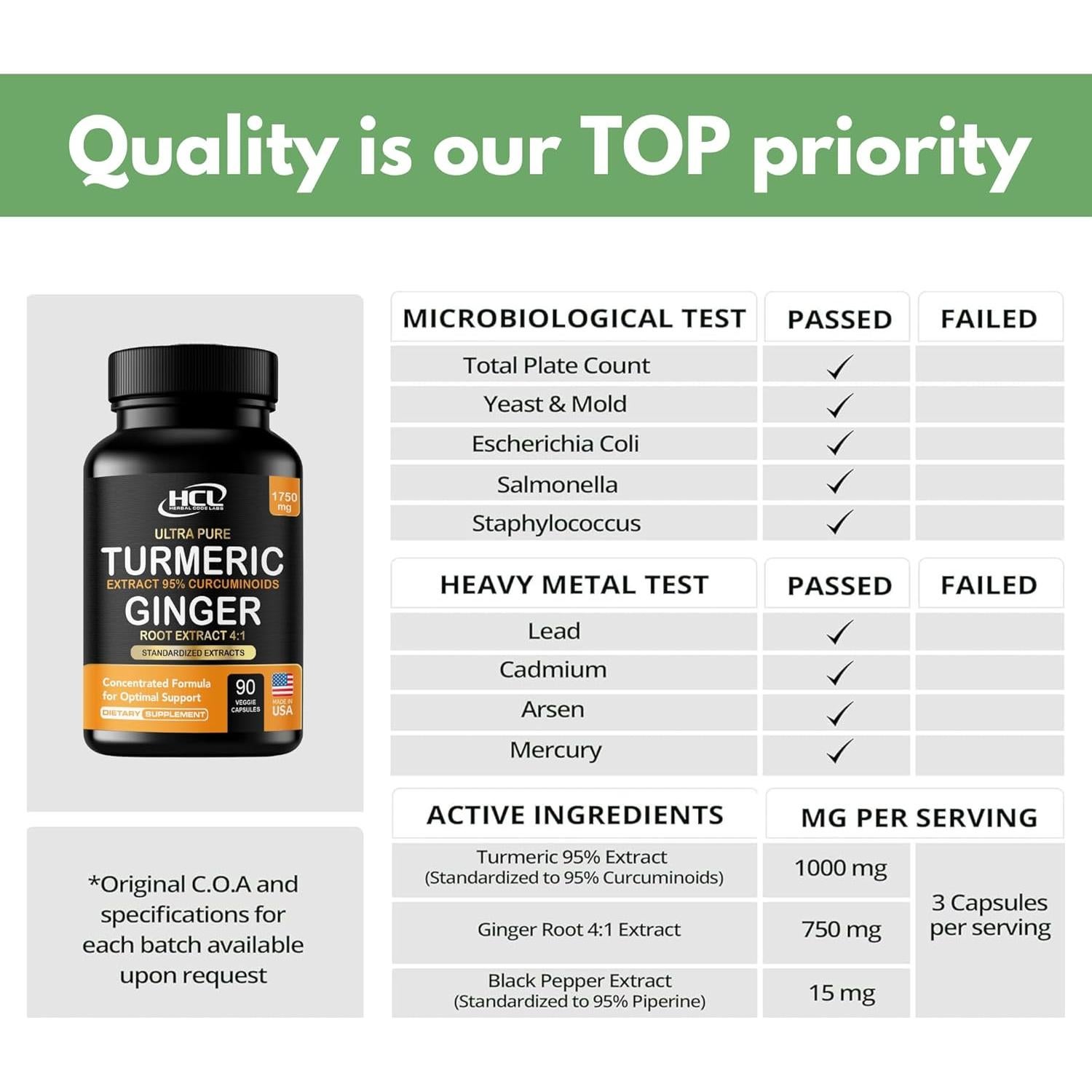 Cápsulas de Cúrcuma Curcumina HCL 1750mg con Jengibre