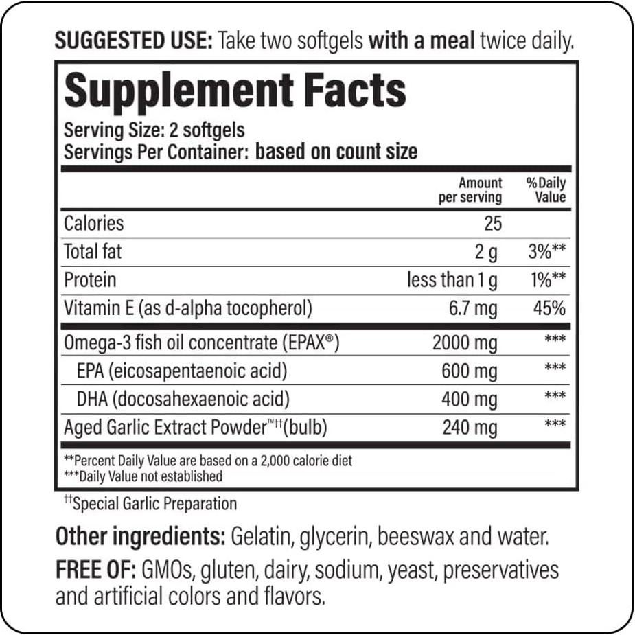 Extracto de Ajo Aged Kyolic 150, 180 gelatinas blandas Omega-3