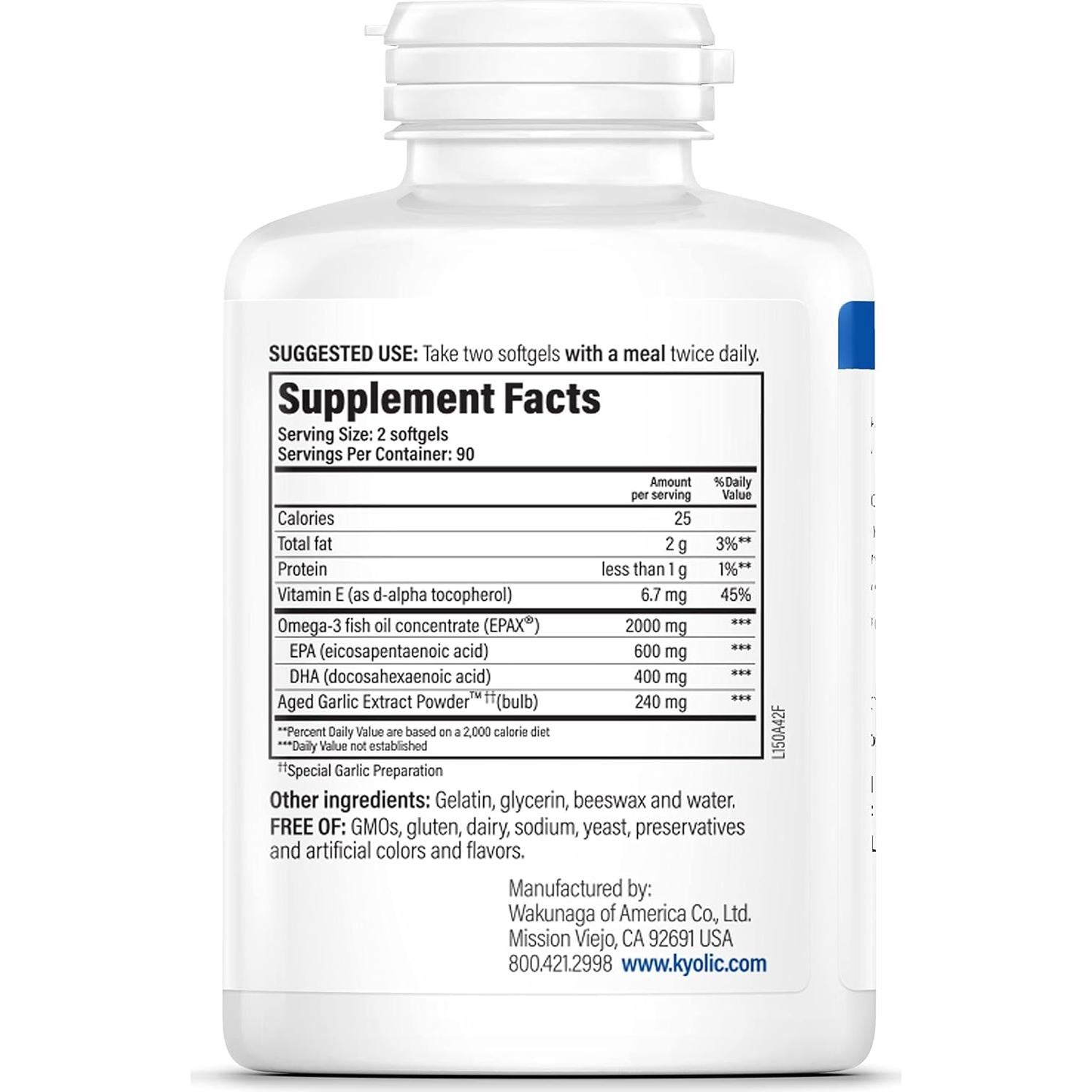 Extracto de Ajo Aged Kyolic 150, 180 gelatinas blandas Omega-3