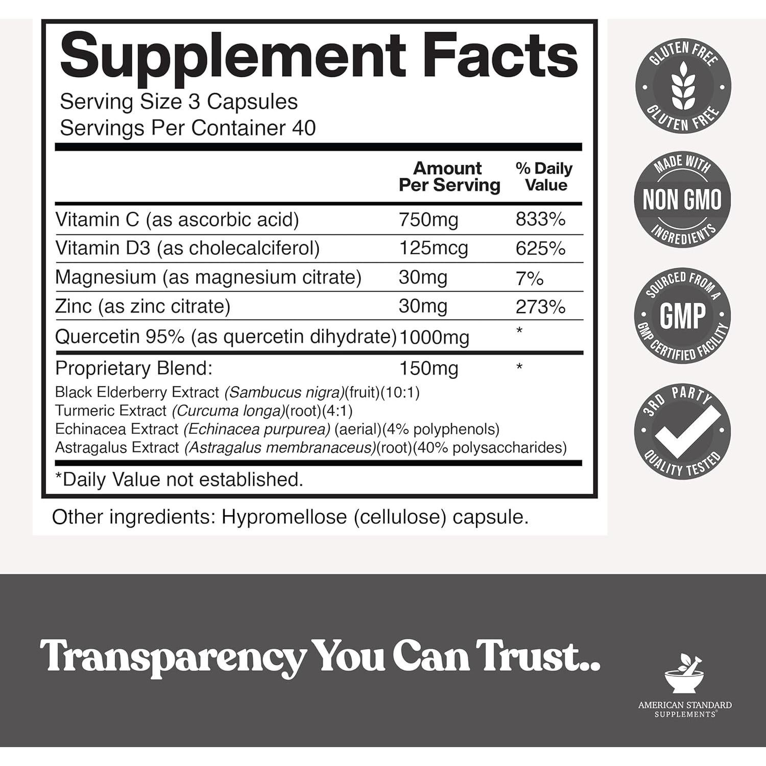 Suplementos American Standard Quercetina 1000mg con Zinc y Vitamina C - 120 Cápsulas