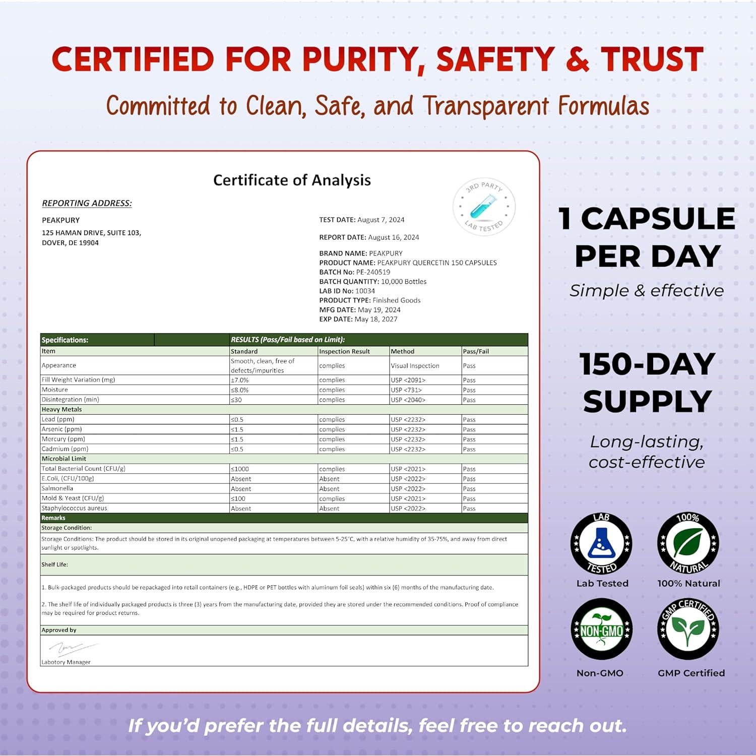 Quercetina PeakPury 150 Cápsulas - Soporte Inmunológico