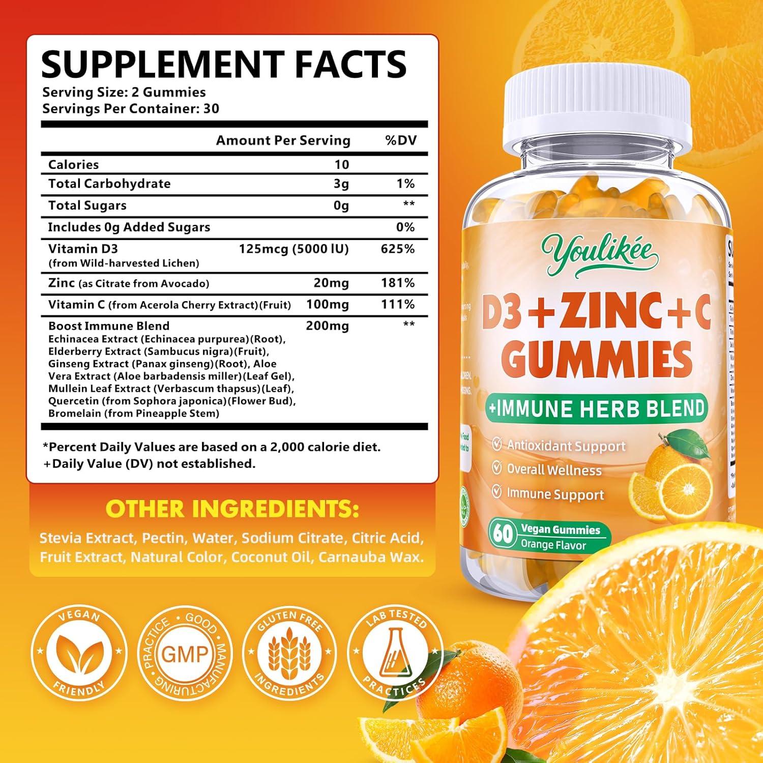 Gomitas de Vitamina C D3 Zinc Youlikee 60 Unidades Sabor Naranja