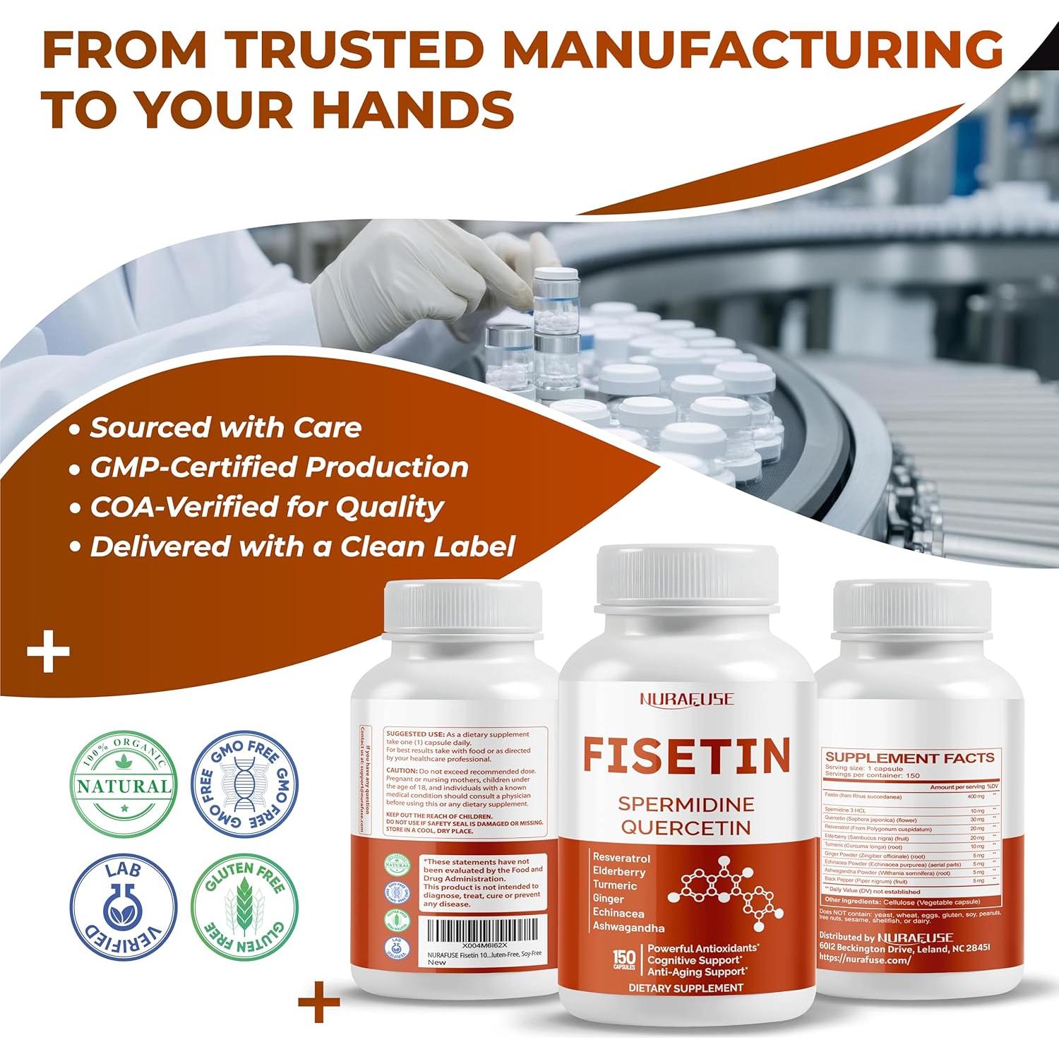 Suplemento Fisetina NuraFuse 150 Cápsulas Antienvejecimiento