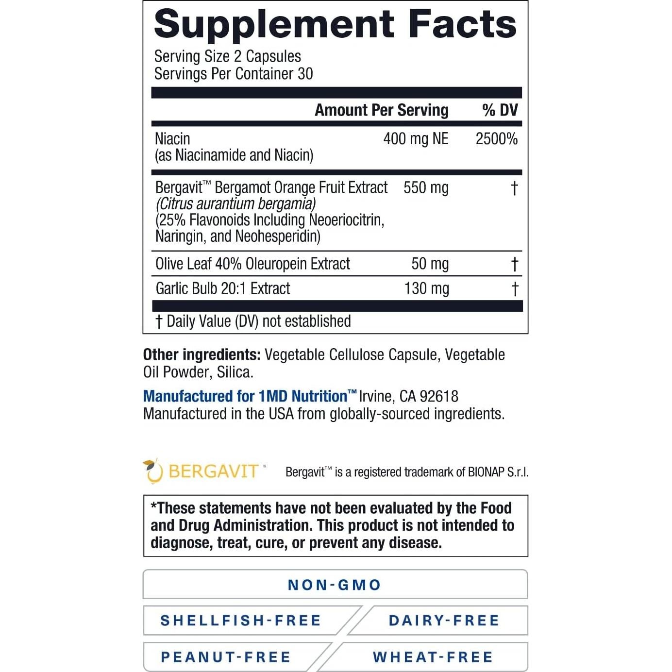 Suplemento CholestMD 1MD Nutrition con Ajo y Niacina - 120 Cápsulas