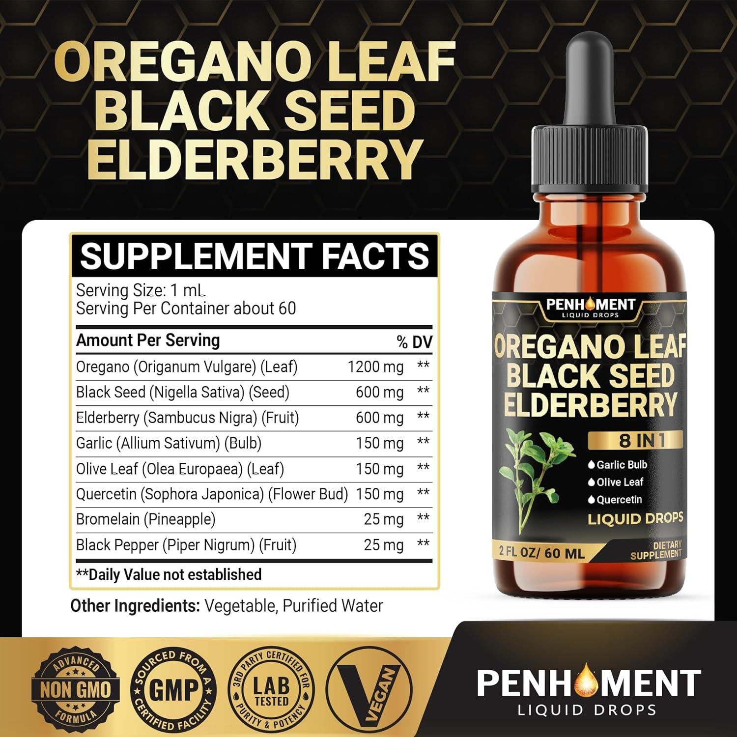 8in1 2900mg Oil of Oregano Drops with Black Seed Oil Liquid | Contains Carvacrol | Garlic, Elderberry, Olive Leaf, Quercetin, Bromelain - 2 Fl Oz