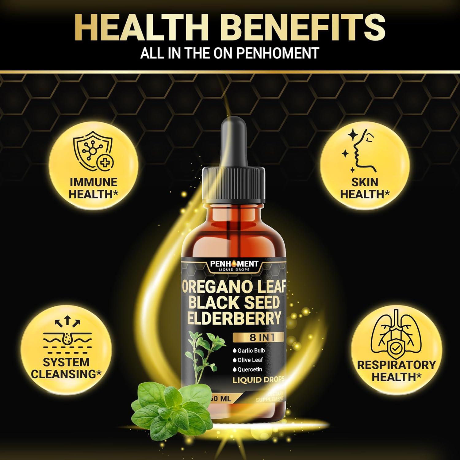 8in1 2900mg Oil of Oregano Drops with Black Seed Oil Liquid | Contains Carvacrol | Garlic, Elderberry, Olive Leaf, Quercetin, Bromelain - 2 Fl Oz