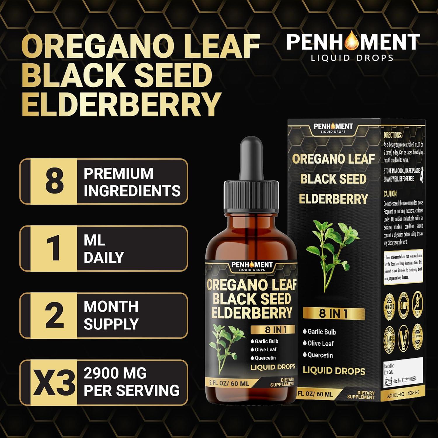 8in1 2900mg Oil of Oregano Drops with Black Seed Oil Liquid | Contains Carvacrol | Garlic, Elderberry, Olive Leaf, Quercetin, Bromelain - 2 Fl Oz