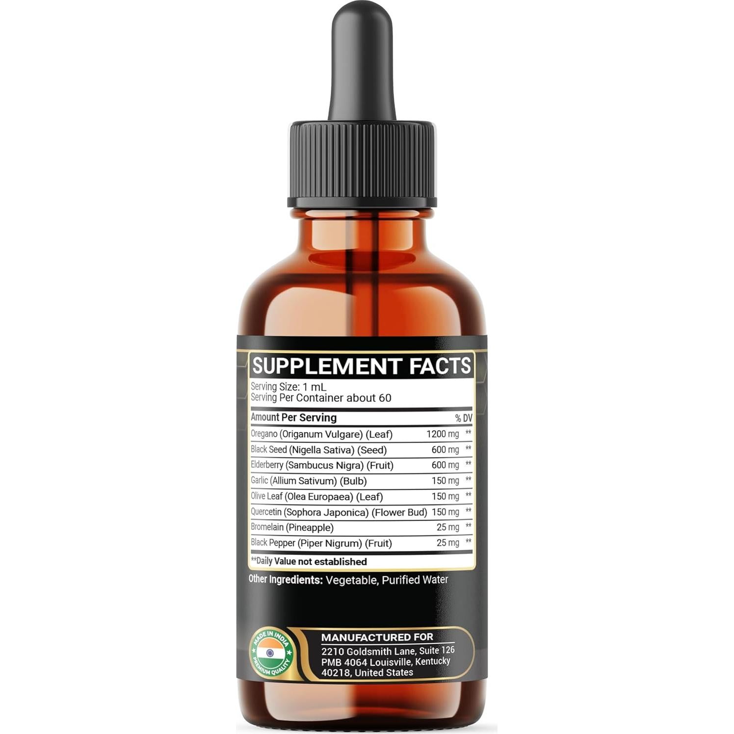 8in1 2900mg Oil of Oregano Drops with Black Seed Oil Liquid | Contains Carvacrol | Garlic, Elderberry, Olive Leaf, Quercetin, Bromelain - 2 Fl Oz
