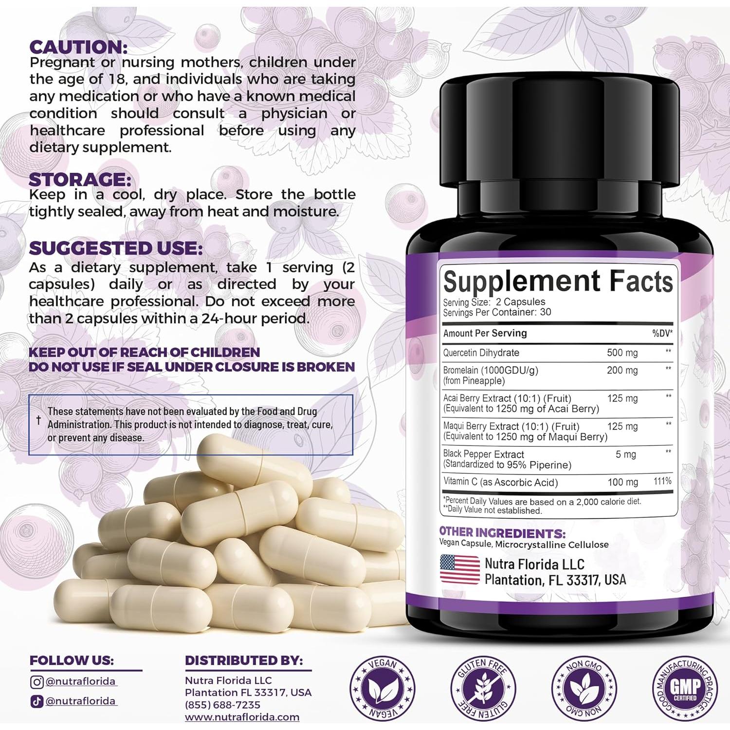 Quercetina 500mg con Bromelina y Vitamina C - 60 Cápsulas Veganas