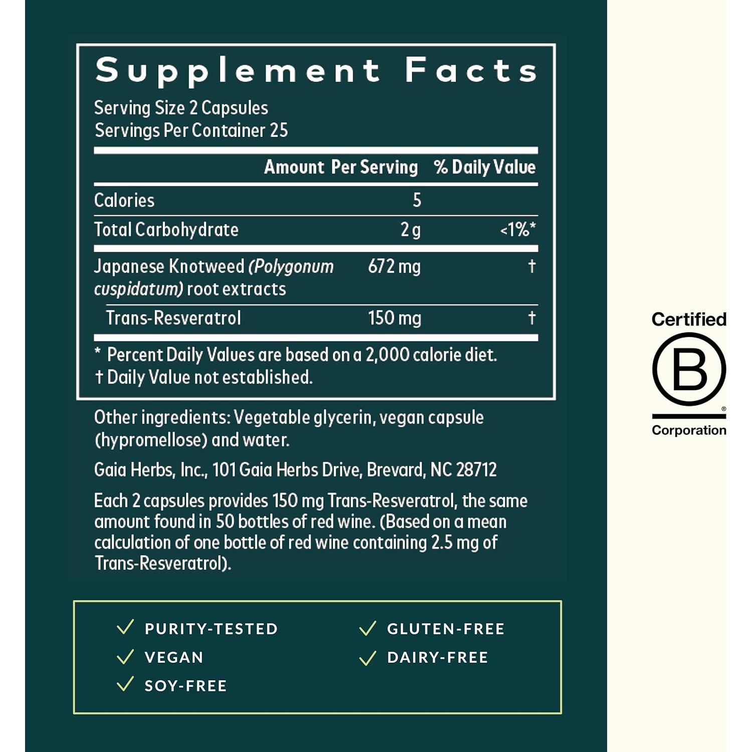 Suplemento Antioxidante Gaia Herbs Resveratrol 150 mg 50 Cápsulas