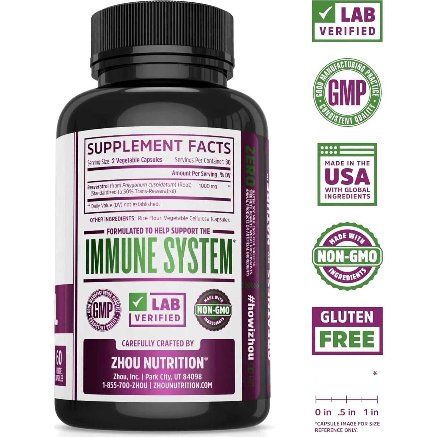 Suplemento Zhou Resveratrol 1000mg - 60 Cápsulas Vegetales