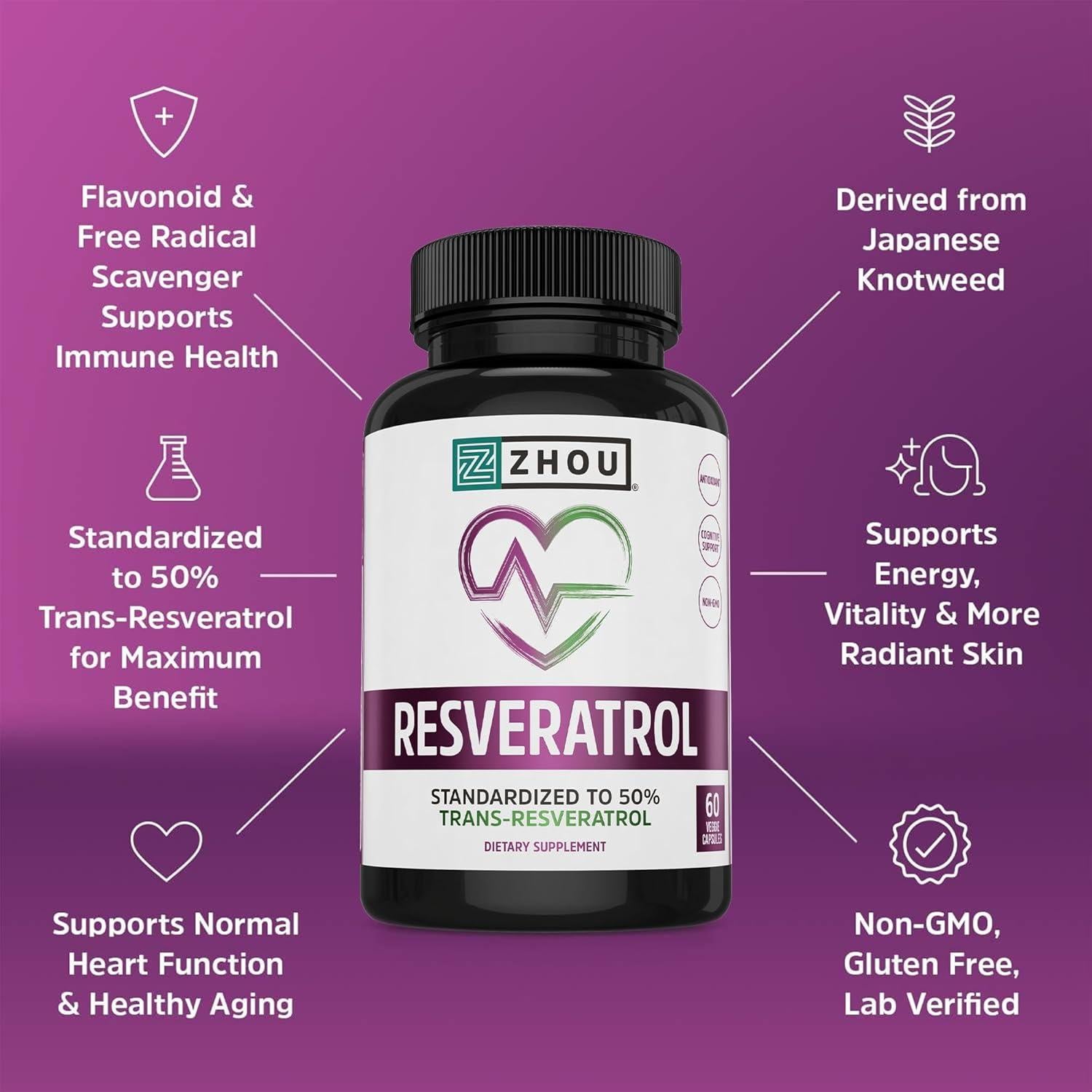 Suplemento Zhou Resveratrol 1000mg - 60 Cápsulas Vegetales