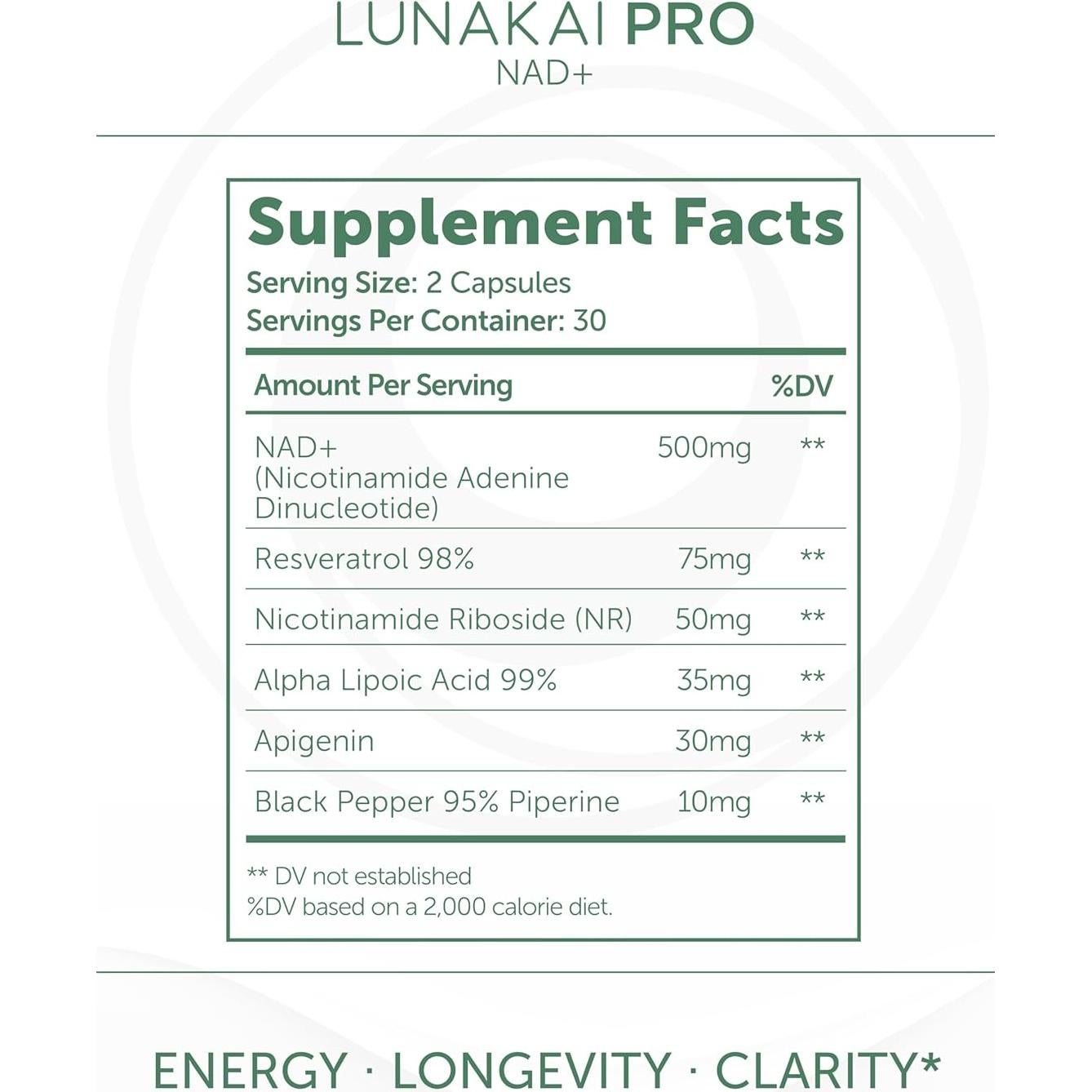 Suplemento de NAD+ Lunakai PRO 60 Cápsulas - Energía y Longevidad