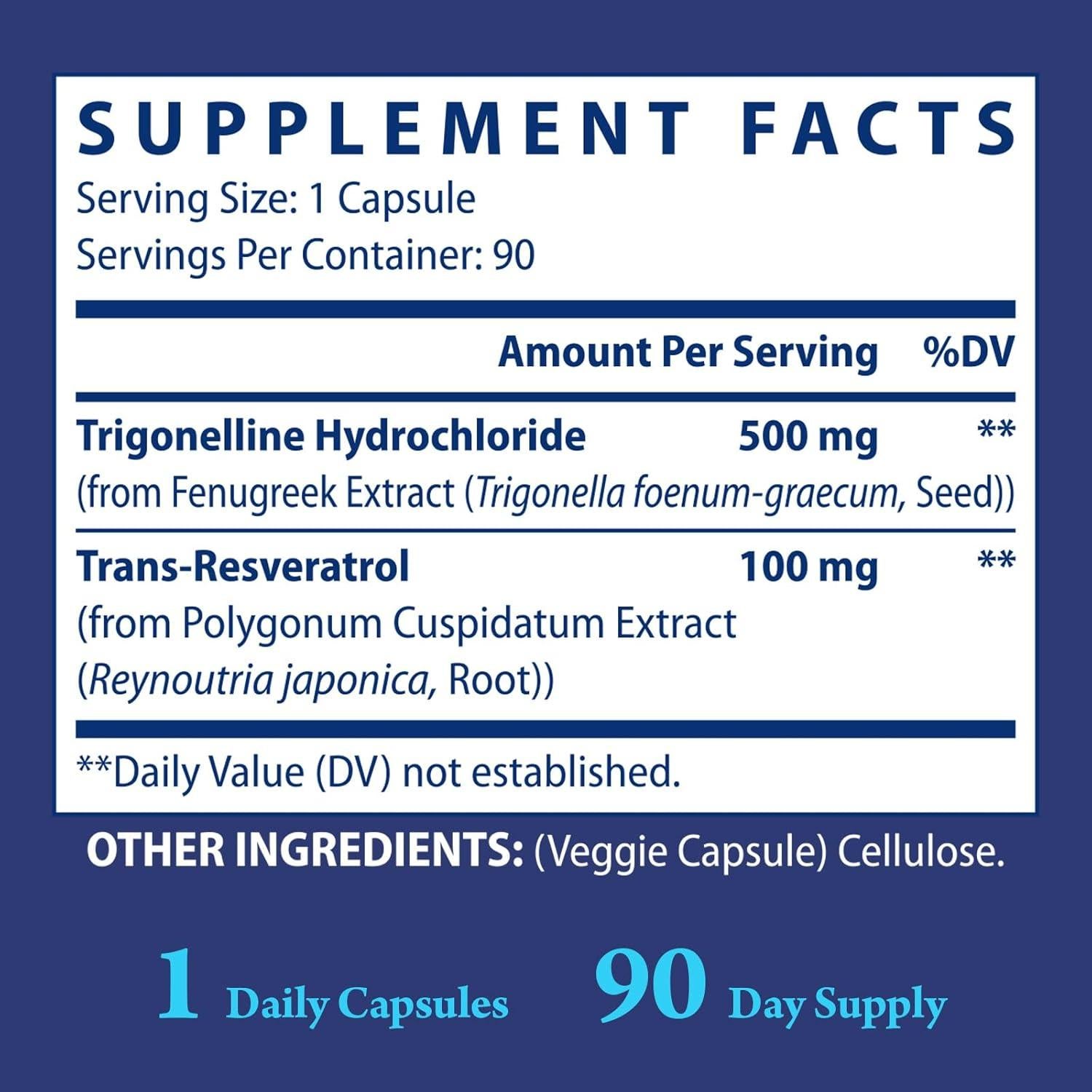 Suplemento Trigonelina HCL 500mg y Resveratrol 100mg - 90 Cápsulas