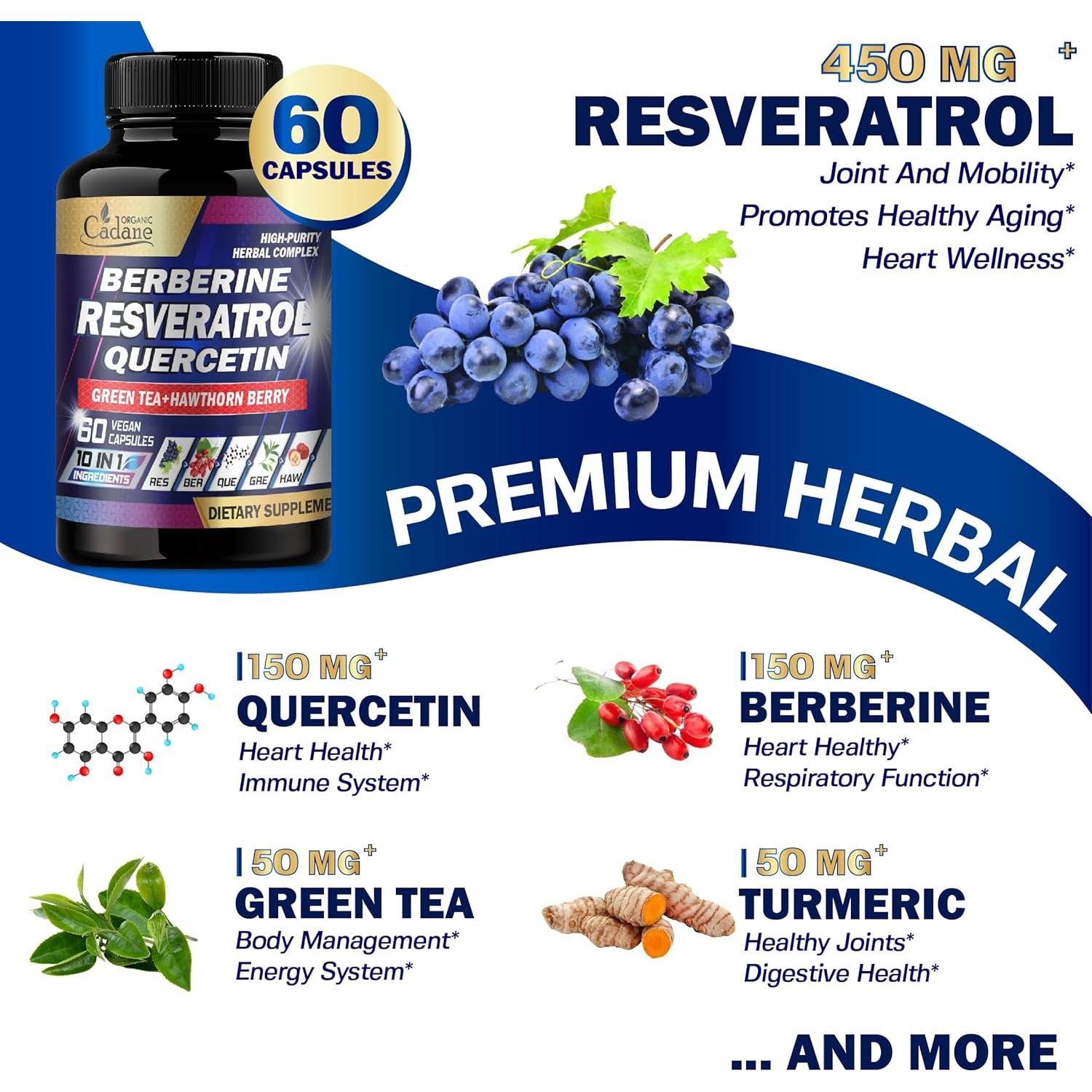 Suplemento de Resveratrol Cadane - 60 Cápsulas 10 en 1