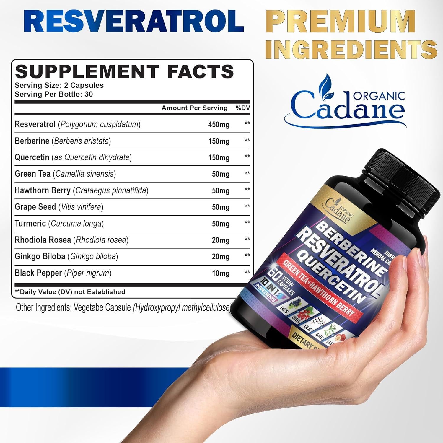 Suplemento de Resveratrol Cadane - 60 Cápsulas 10 en 1